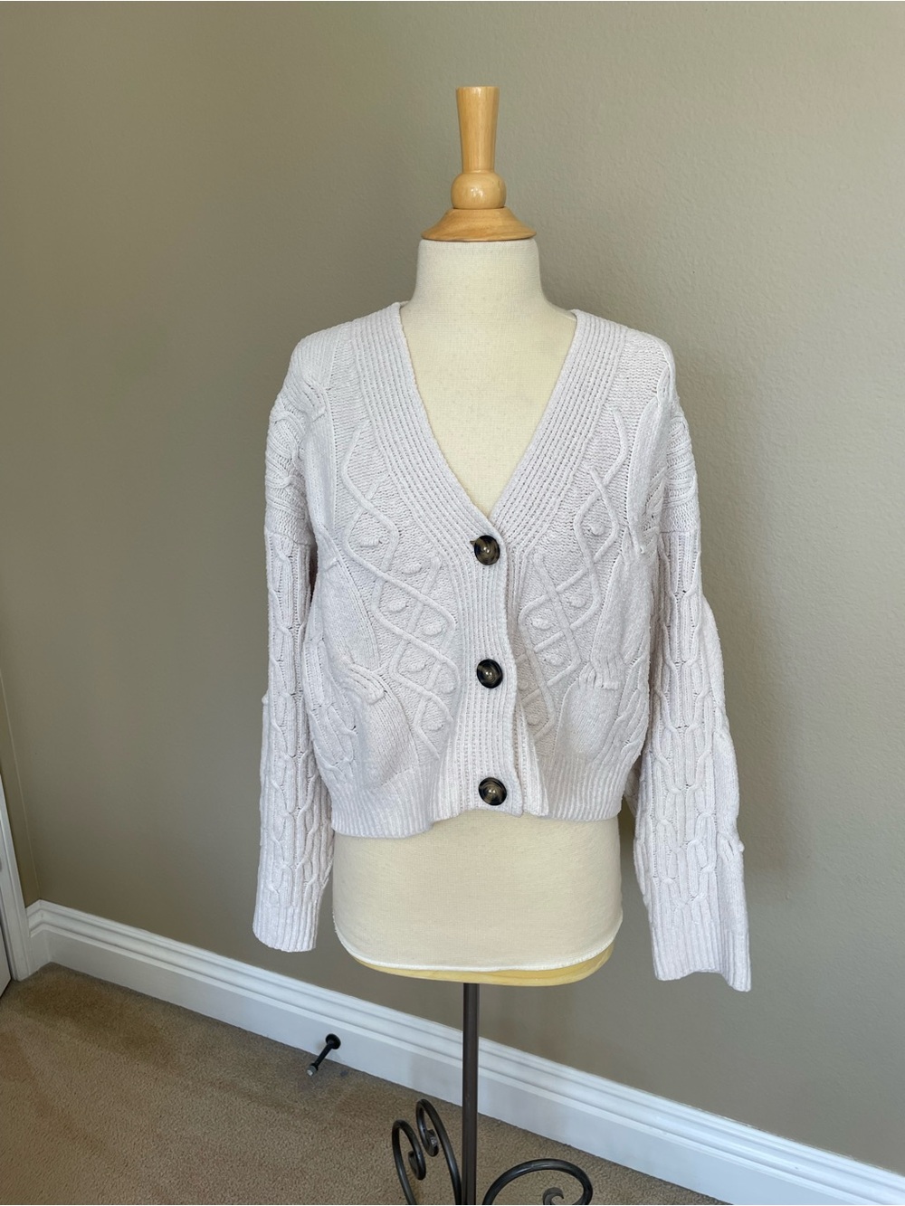 Pink Rose Cream Cable Knit Button-Front Cardigan